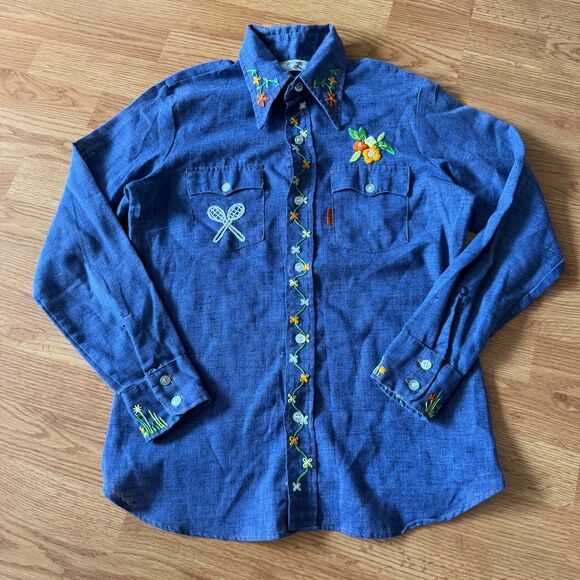 1970s Levis Orange Tag Embroidered Denim Button Down Shirt - Picture 1 of 9